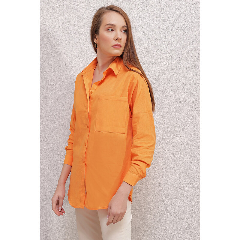 Bigdart 20153 Single Pocket Oversize Linen Shirt - Orange