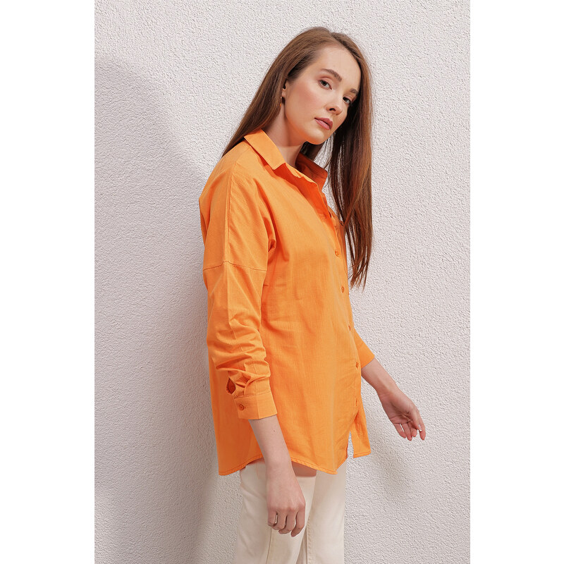 Bigdart 20153 Single Pocket Oversize Linen Shirt - Orange