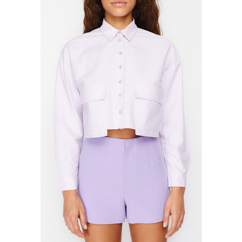Trendyol Lilac Crop Pocket Detailed Woven Shirt