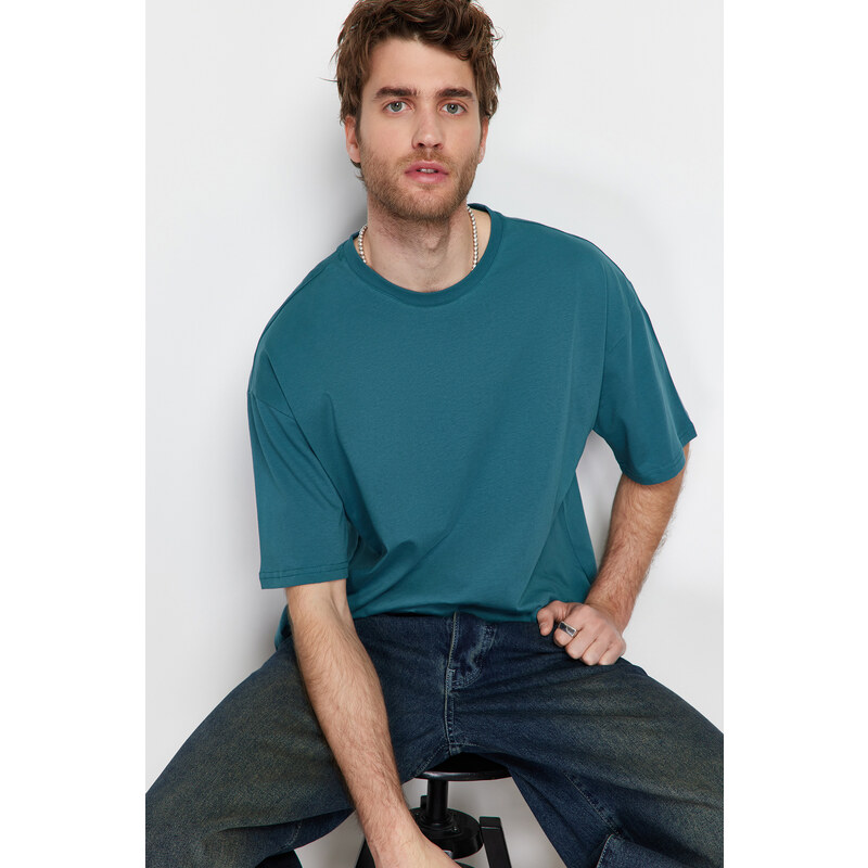 Trendyol Emerald Green Oversize/Wide Cut Basic 100% Cotton T-Shirt