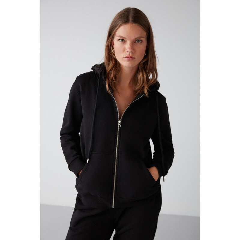 GRIMELANGE Carlota Women's Relaxed Fit Hooded Zipper Black Sweatshir