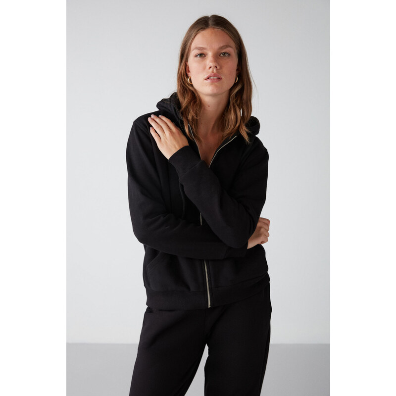 GRIMELANGE Carlota Women's Relaxed Fit Hooded Zipper Black Sweatshir