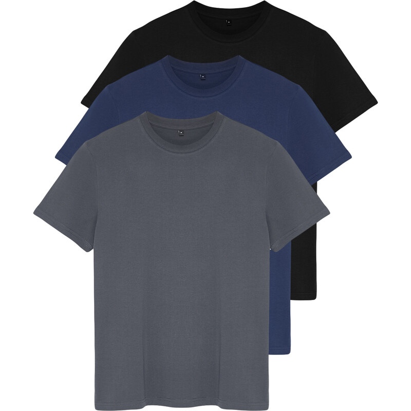 Trendyol 3-Pack Black-Navy Blue-Anthracite Regular/Normal Cut Basic T-Shirt