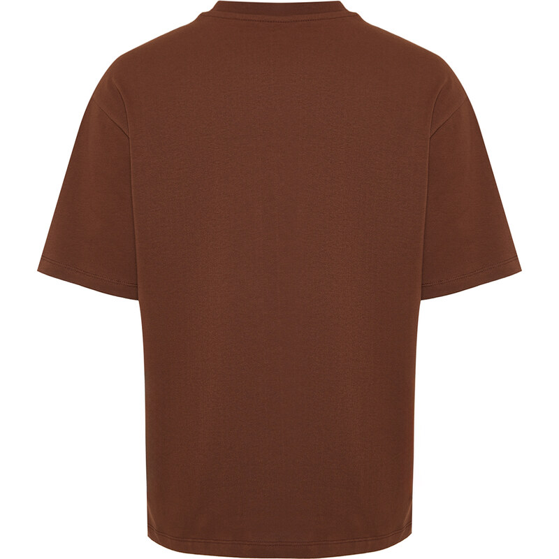 Trendyol Brown Oversize Mushroom Embroidery 100% Cotton T-Shirt