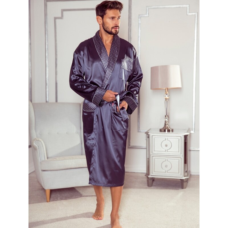 Men's bathrobe De Lafense 940 Satin M-4XL navy blue 042