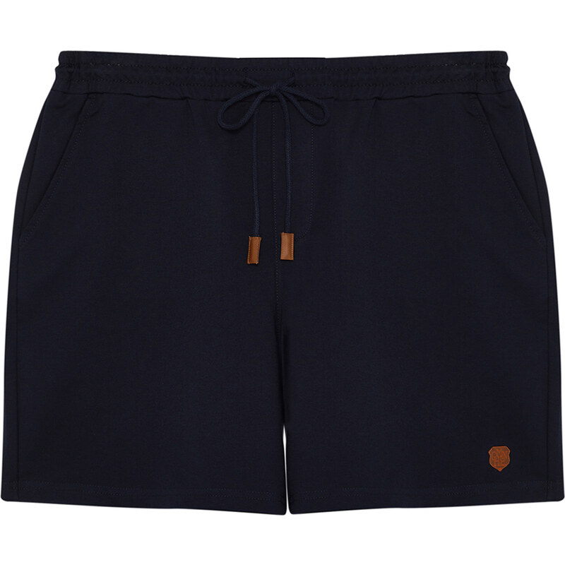 Trendyol Plus Size Navy Regular/Regular Fit PU Label Appliqué Shorts
