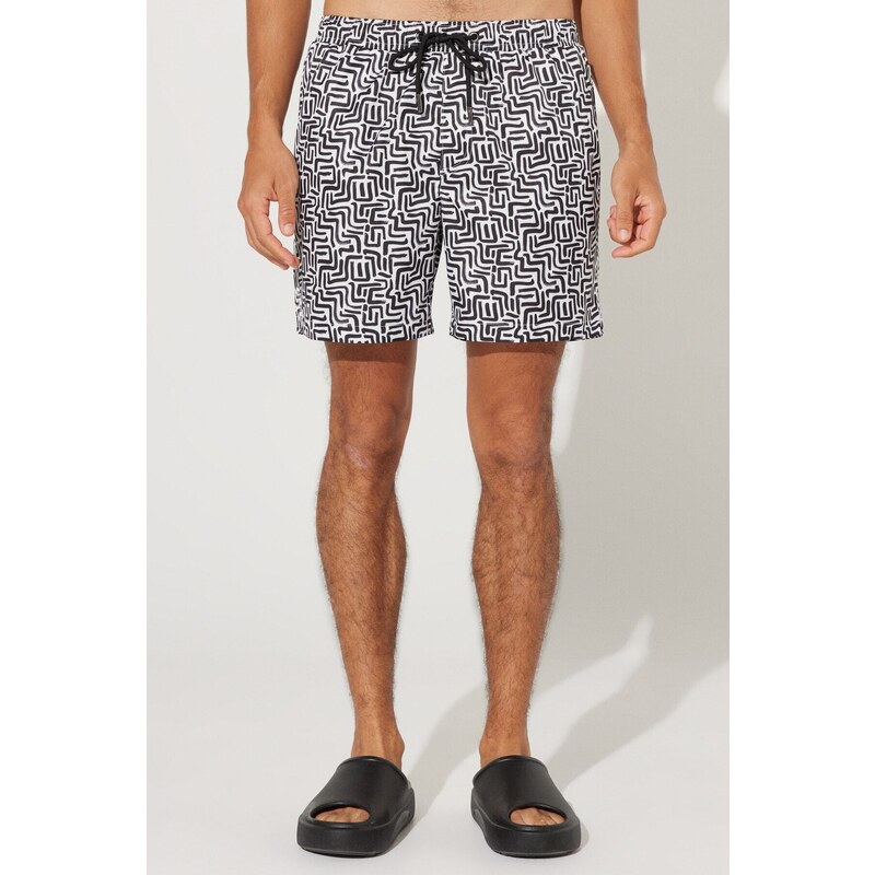 ALTINYILDIZ CLASSICS Men's White-Black Standard Fit, Normal Cut, Pocket Quick Dry Patterned Marine Shorts.