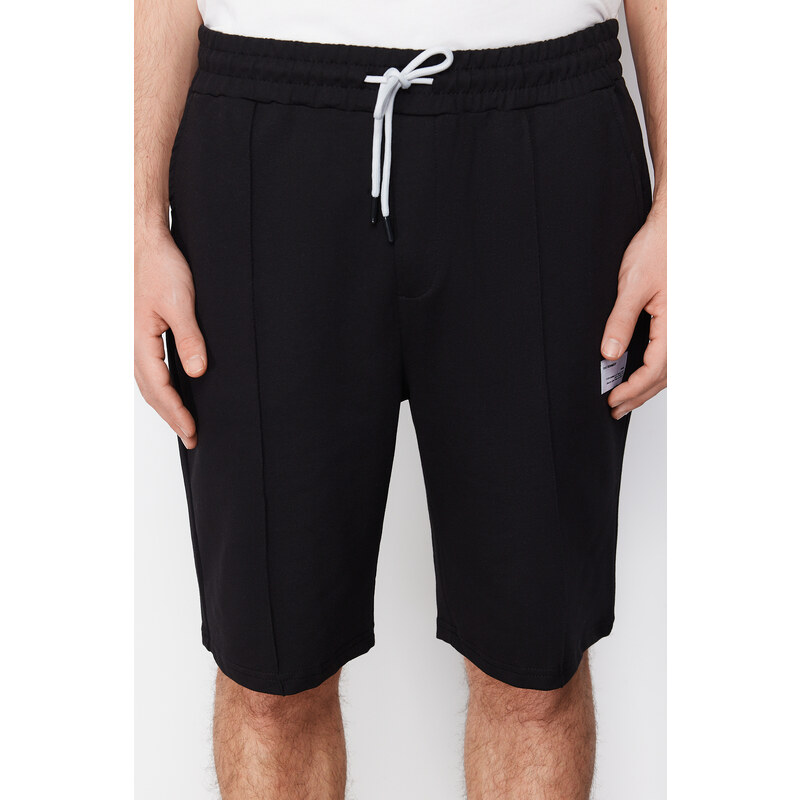 Trendyol Black Regular/Regular Fit Ribbed Labeled Elastic Waist Shorts