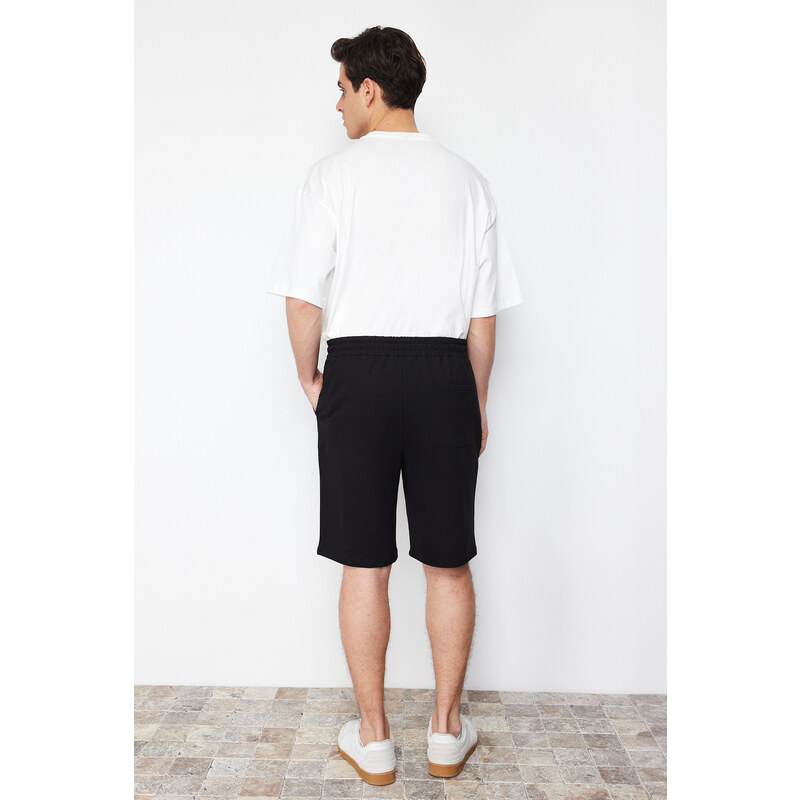 Trendyol Black Regular/Regular Fit Ribbed Labeled Elastic Waist Shorts