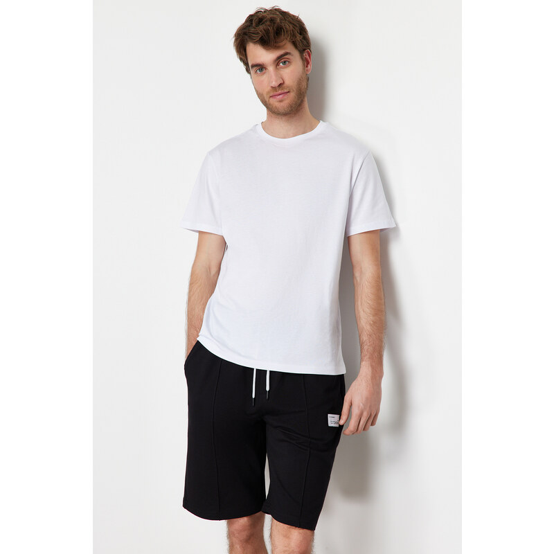 Trendyol Black Regular/Regular Fit Ribbed Labeled Elastic Waist Shorts