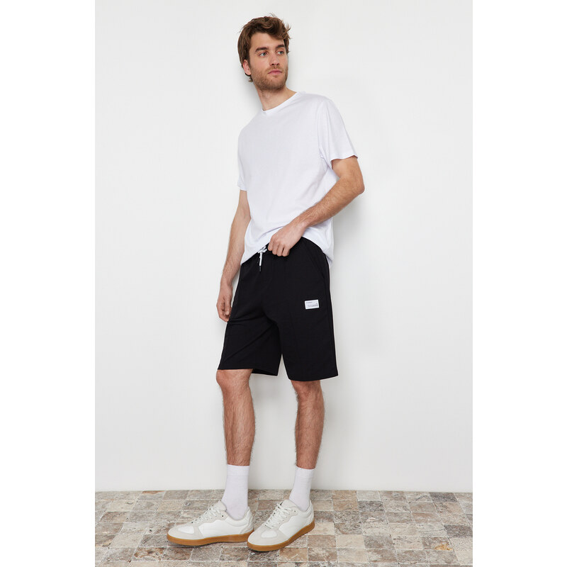 Trendyol Black Regular/Regular Fit Ribbed Labeled Elastic Waist Shorts