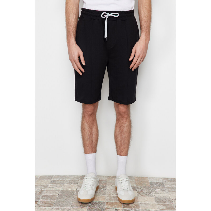 Trendyol Black Regular/Regular Fit Ribbed Labeled Elastic Waist Shorts