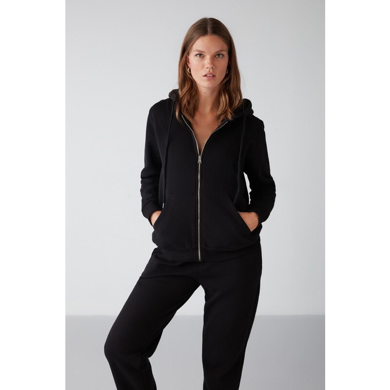 GRIMELANGE Carlota Women's Relaxed Fit Hooded Zipper Black Sweatshir