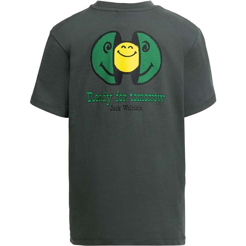 Dětské bavlněné tričko Jack Wolfskin SMILEYWORLD zelená barva, s potiskem