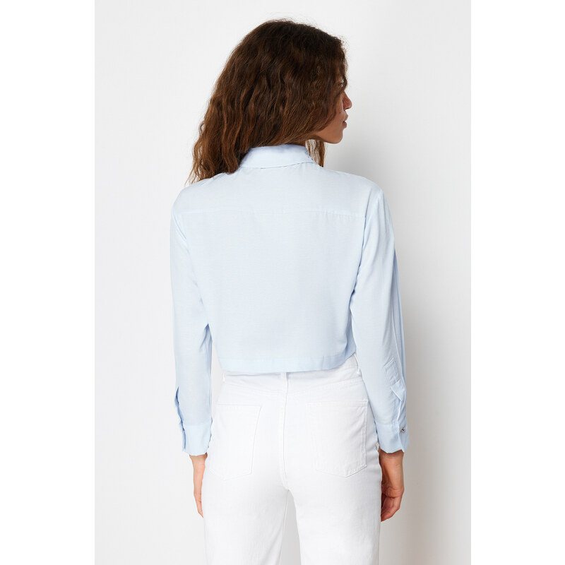 Trendyol Light Blue Collar Stone Detailed Cotton Crop Woven Shirt