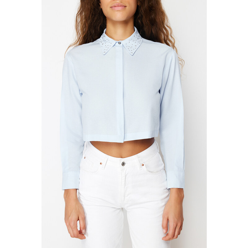 Trendyol Light Blue Collar Stone Detailed Cotton Crop Woven Shirt