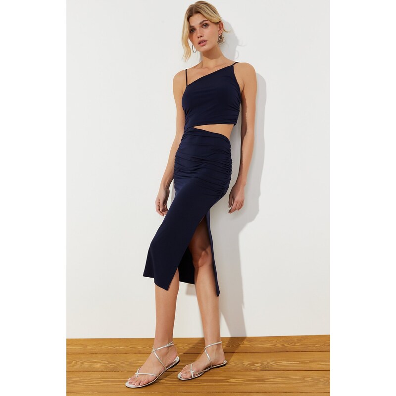 Trendyol Navy Blue Cut Out Fitted Stretch Knitted Midi Dress with Slit