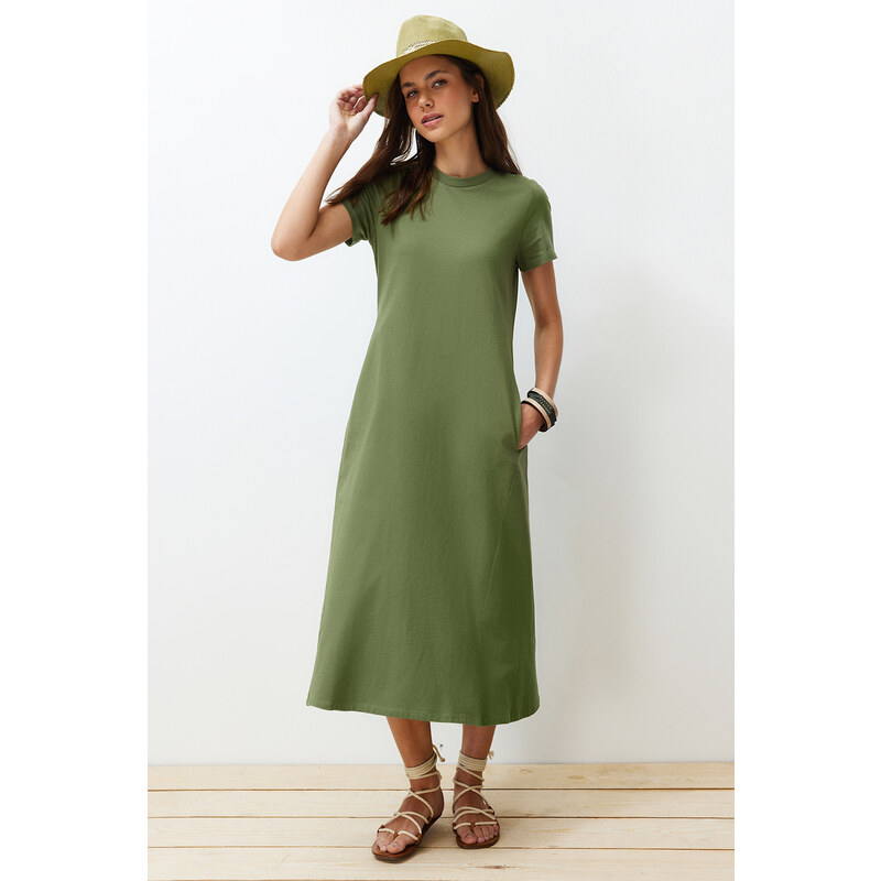 Trendyol Khaki Pocketed Premium Crew Neck A-Line Knitted Midi Dress