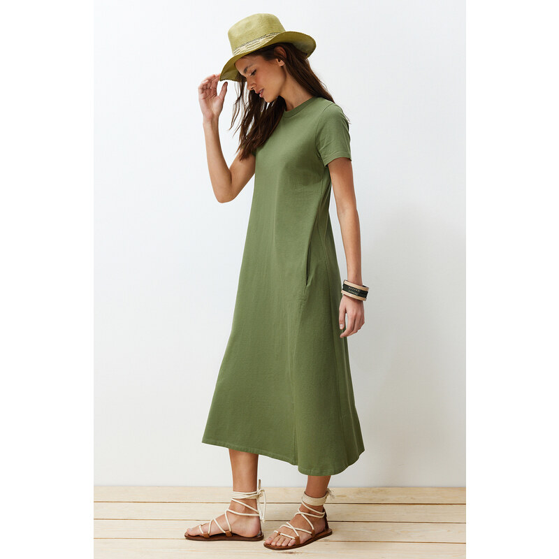 Trendyol Khaki Pocketed Premium Crew Neck A-Line Knitted Midi Dress