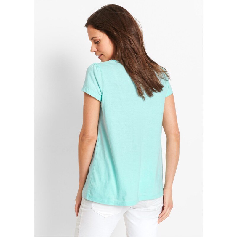 bonprix Bavlněné tričko s krajkou, krátký rukáv Modrá