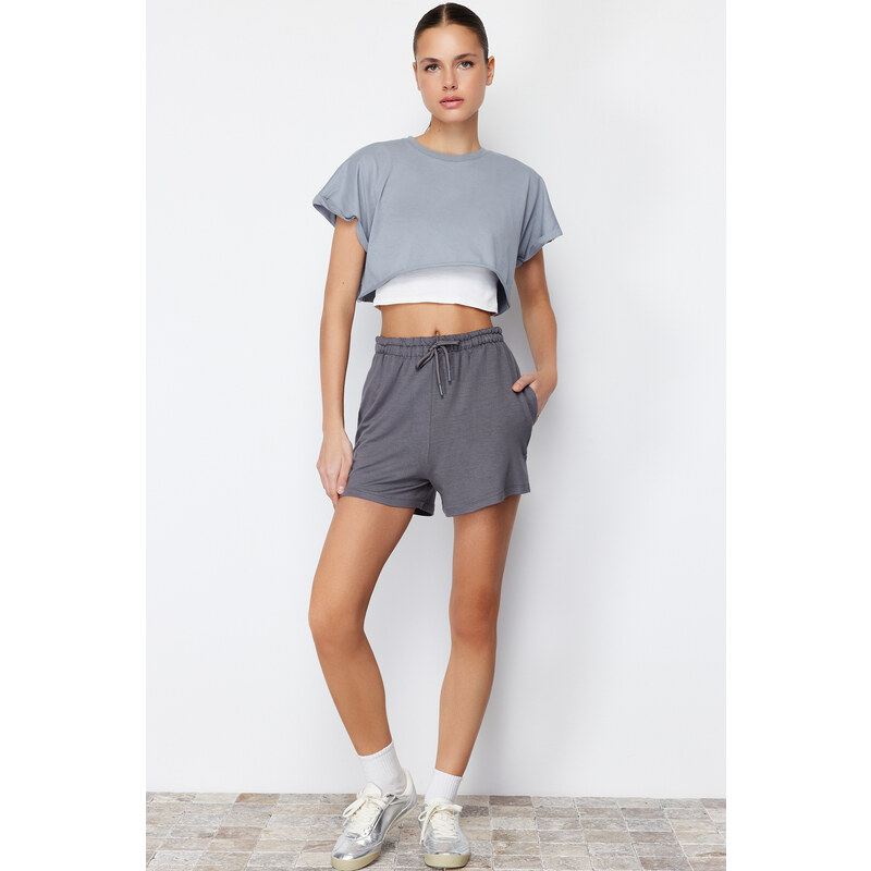 Trendyol Anthracite Elastic Waist Basic Soft Buttoned Knitted Shorts & Bermuda