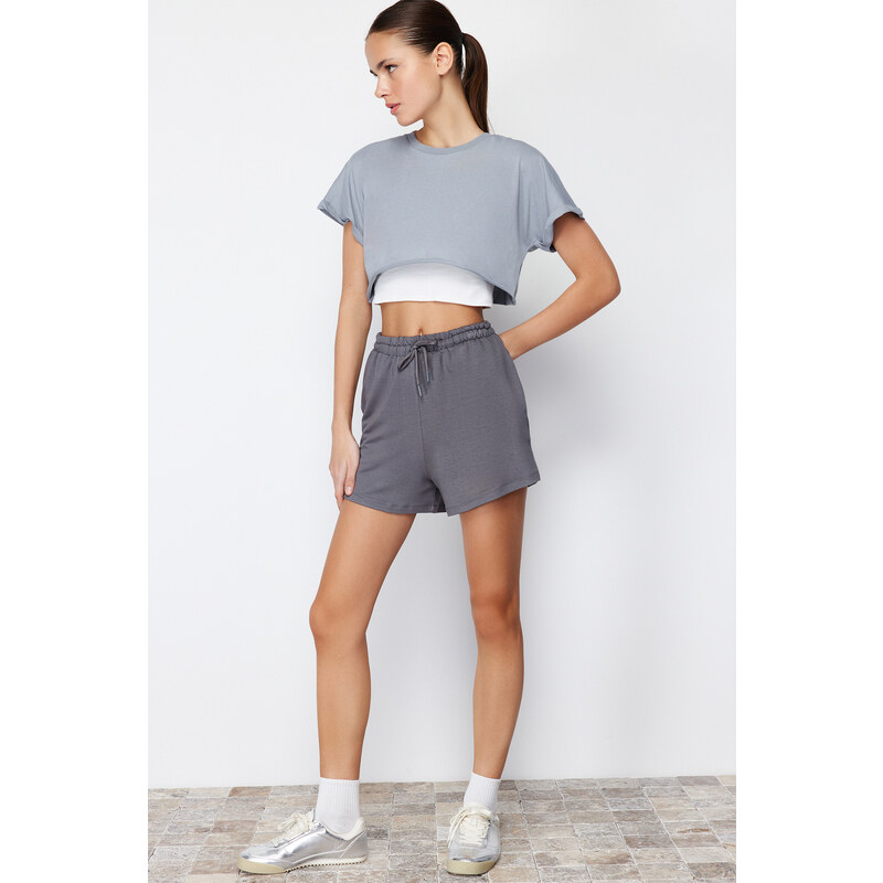 Trendyol Anthracite Elastic Waist Basic Soft Buttoned Knitted Shorts & Bermuda