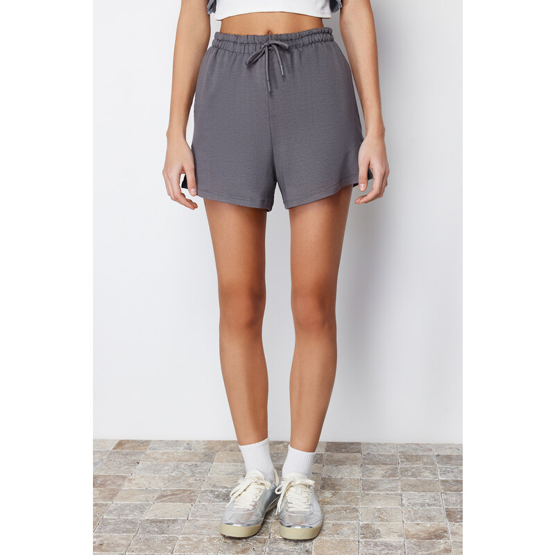 Trendyol Anthracite Elastic Waist Basic Soft Buttoned Knitted Shorts & Bermuda