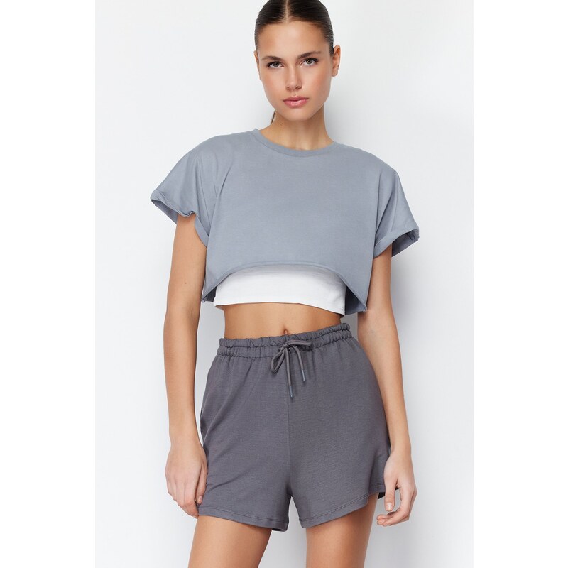 Trendyol Anthracite Elastic Waist Basic Soft Buttoned Knitted Shorts & Bermuda