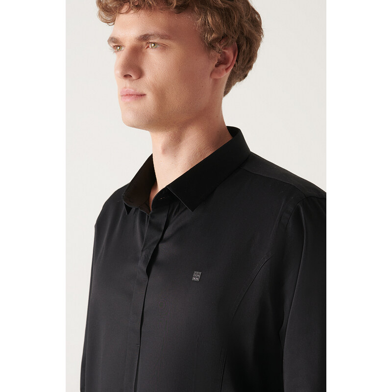 Avva Men's Black 100% Cotton Satin Shirt with Concealed Pop, Slim Fit Fit Shirt