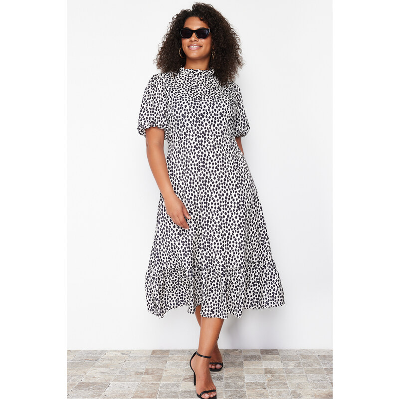 Trendyol Curve Cream High Neck Animal Patterned Woven Dress