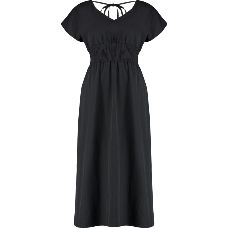 Trendyol Curve Black V Neck Woven Dress with Gathered Waist