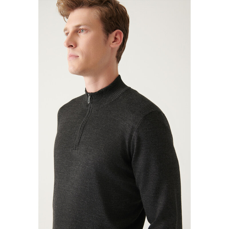 Avva Men's Anthracite High Neck Wool Blended Standard Fit Normal Cut Knitwear Sweater