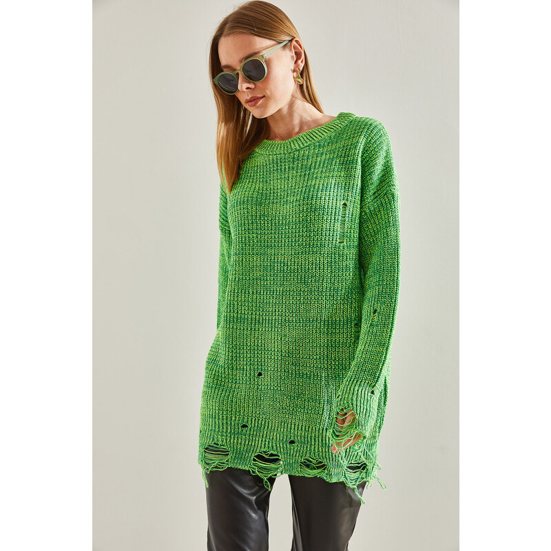 Bianco Lucci Women's Muline Oversize Ripped Detailed Knitwear Sweater