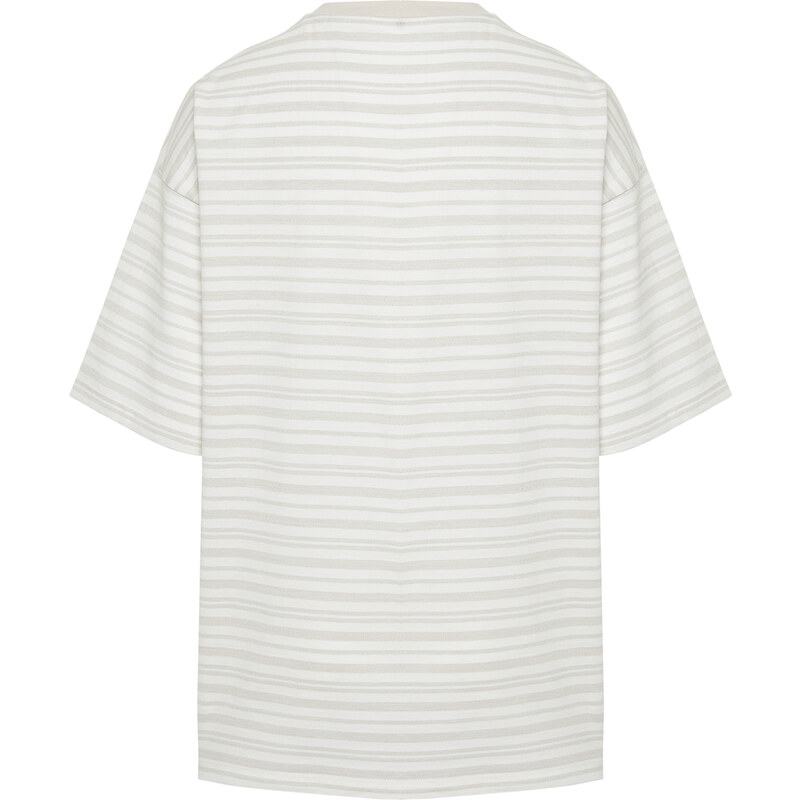Trendyol Ecru Oversize/Wide Cut Striped Label Short Sleeve Textured T-Shirt