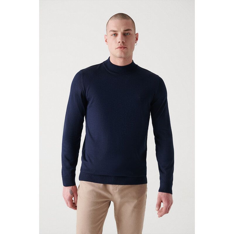 Avva Men's Navy Blue Half Turtleneck Wool Blended Standard Fit Normal Cut Knitwear Sweater