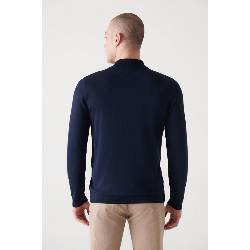 Avva Men's Navy Blue Half Turtleneck Wool Blended Standard Fit Normal Cut Knitwear Sweater