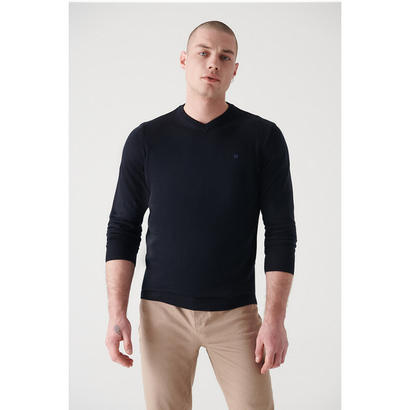 Avva Men's Black V Neck Wool Blended Regular Fit Knitwear Sweater