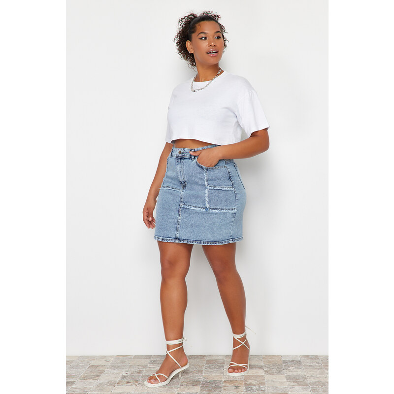 Trendyol Curve Light Blue Stitch And Tassel Detail Mini Denim Skirt