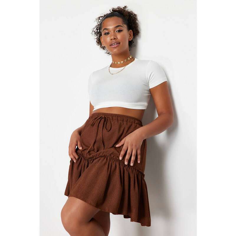 Trendyol Curve Brown Frilly Mini Knitted Skirt