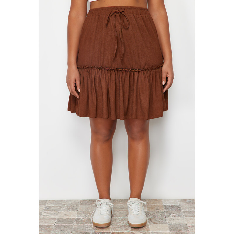 Trendyol Curve Brown Frilly Mini Knitted Skirt