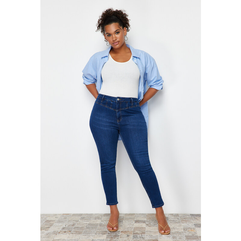 Trendyol Curve Dark Blue Stitch Detail Flexible Skinny Denim Jeans