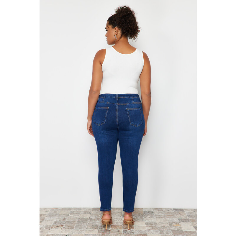 Trendyol Curve Dark Blue Stitch Detail Flexible Skinny Denim Jeans