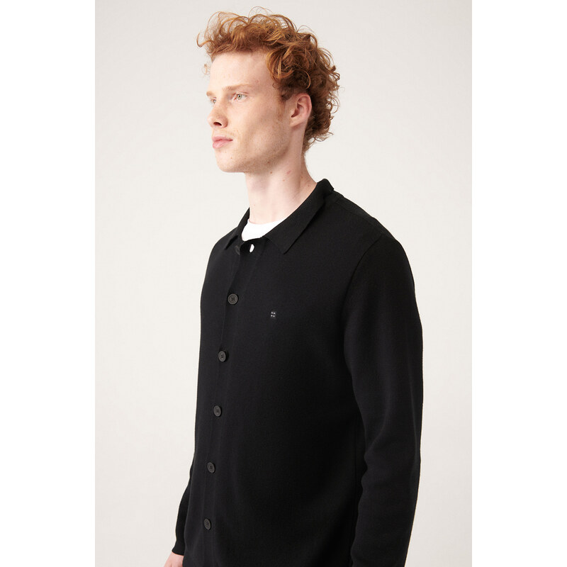 Avva Men's Black Polo Collar Buttoned 100% Cotton Regular Fit Knitwear Cardigan