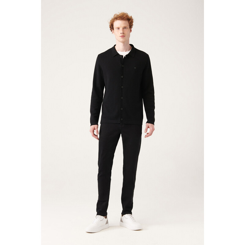 Avva Men's Black Polo Collar Buttoned 100% Cotton Regular Fit Knitwear Cardigan