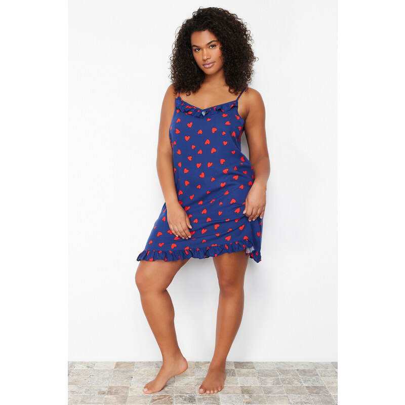 Trendyol Curve Navy Blue Shally Woven Plus Size Nightgown