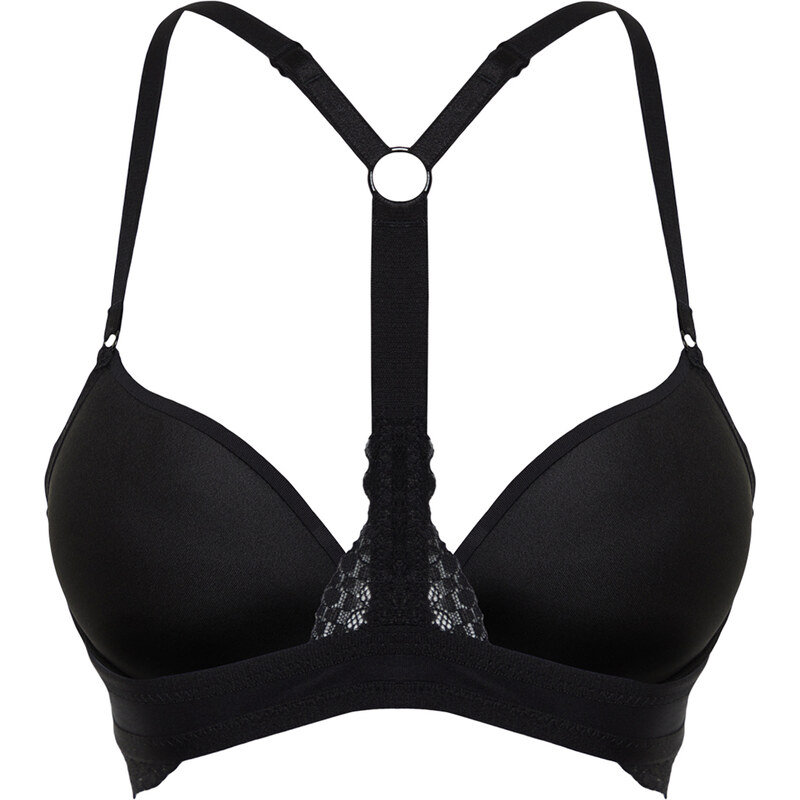 Trendyol Black Polyamide Lace, Halter Back and Front Closure Detail Covered Knitted Bra