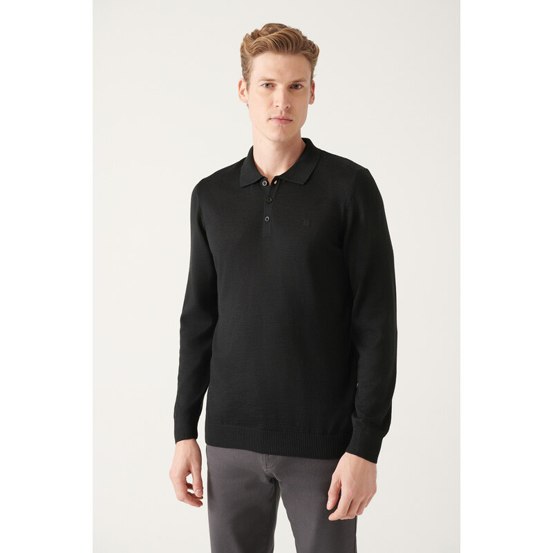 Avva Men's Black Polo Neck Wool Blended Standard Fit Normal Cut Knitwear Sweater