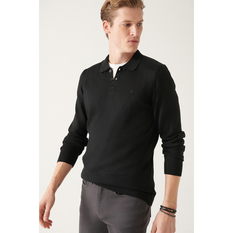 Avva Men's Black Polo Neck Wool Blended Standard Fit Normal Cut Knitwear Sweater