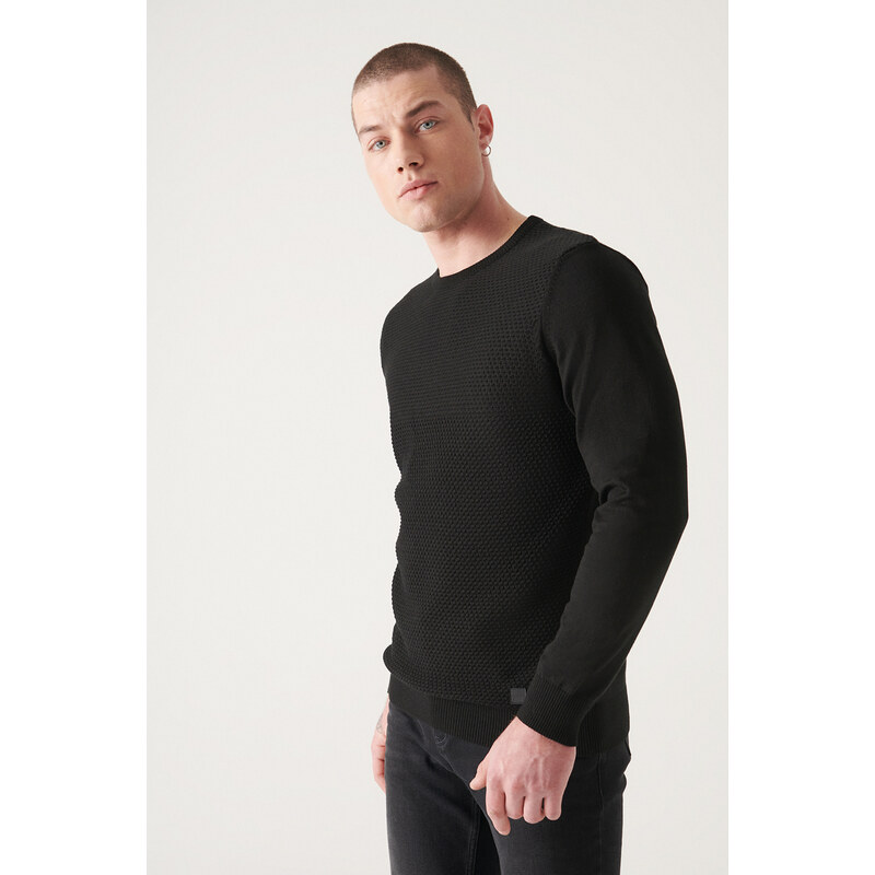 Avva Men's Black Crew Neck Cotton Front Textured Regular Fit Knitwear Sweater