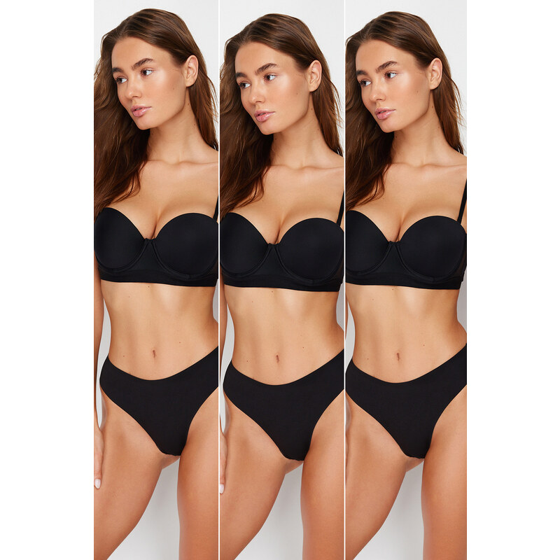 Trendyol Premium Black 3-Pack Waist Adhesive Detail Non-Trace Laser Cut Thong Knitted Briefs